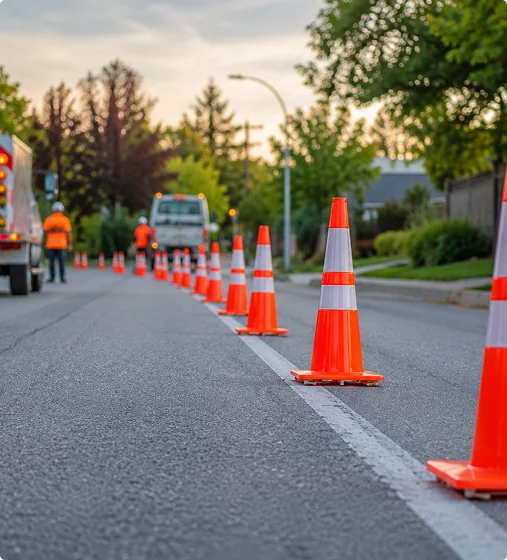 Traffic control cones lining a roadway with vehicles passing safely.