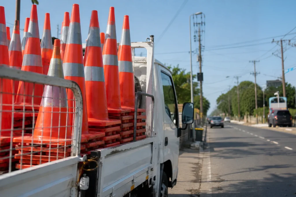 Traffic cones loaded on a work truck for flagging and temporary traffic control operations.