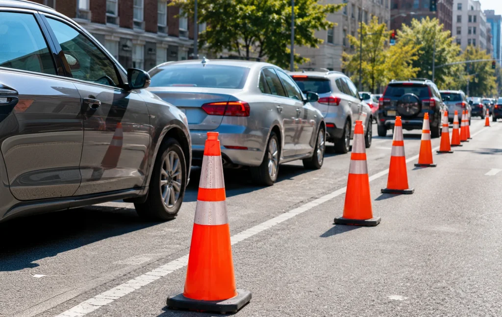 Orange traffic control cones guiding vehicles through a lane closure on a busy city street.