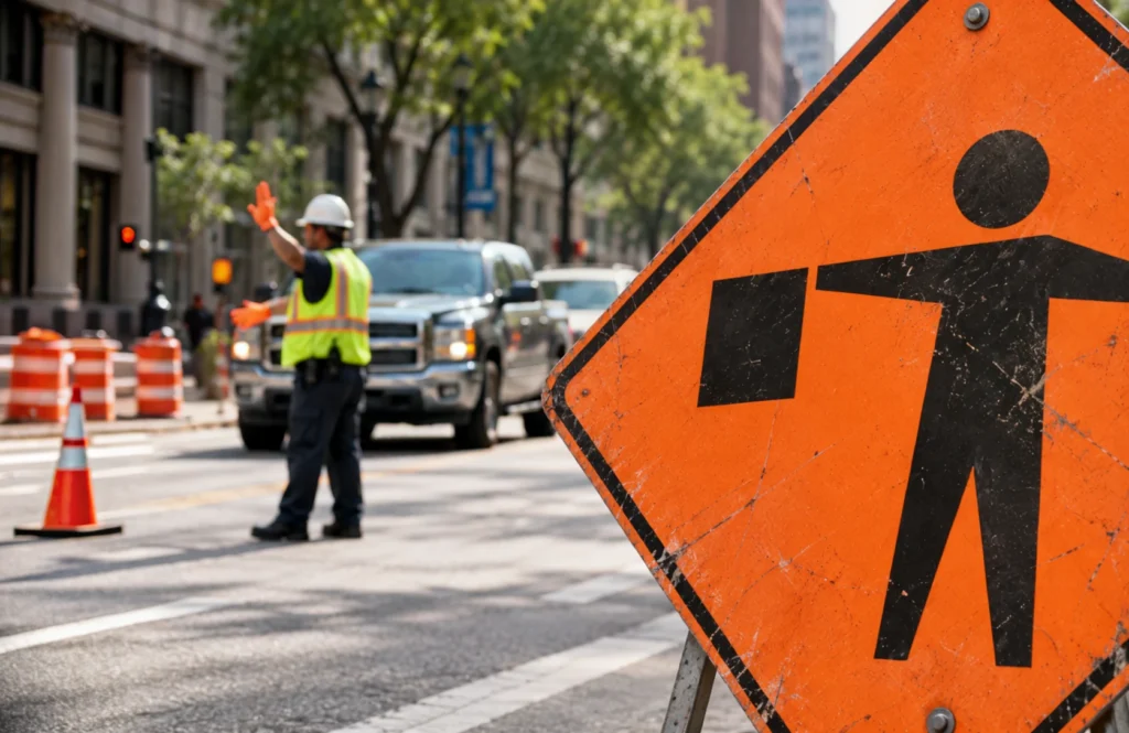 Traffic control worker directing vehicles through a road construction area