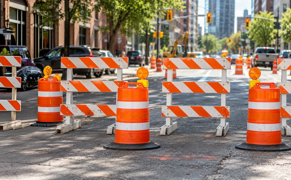Roadwork barricades and traffic control devices marking an active work zone